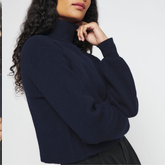 Reformation Luisa Cropped Turtleneck Sweater Navy Blue Cashmere - Picture 3 of 10